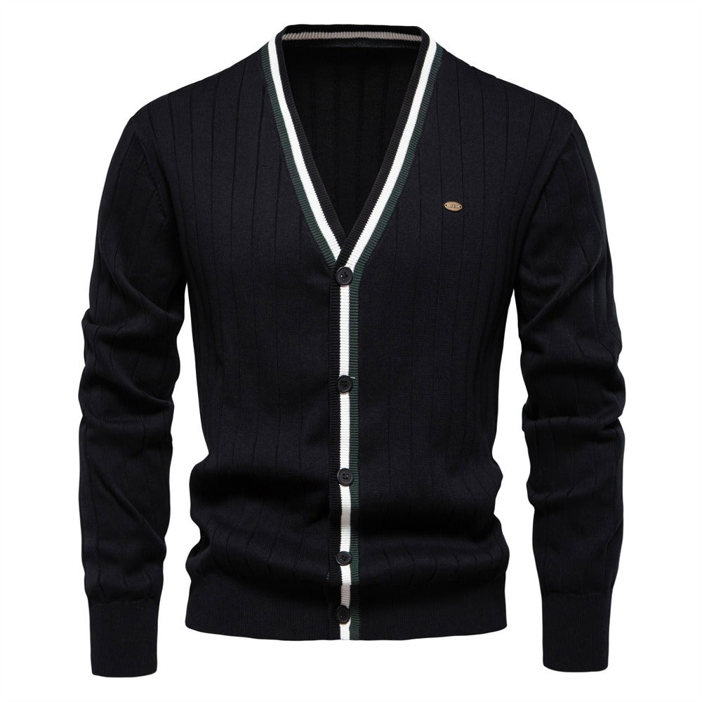 Herren-Strickjacke mit V-Ausschnitt und Farbbesatz – Lässiger, locker sitzender Pullover mit Knöpfen für den Herbst | SW199