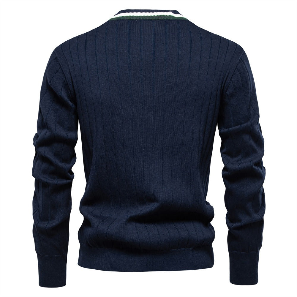 Herren-Strickjacke mit V-Ausschnitt und Farbbesatz – Lässiger, locker sitzender Pullover mit Knöpfen für den Herbst | SW199