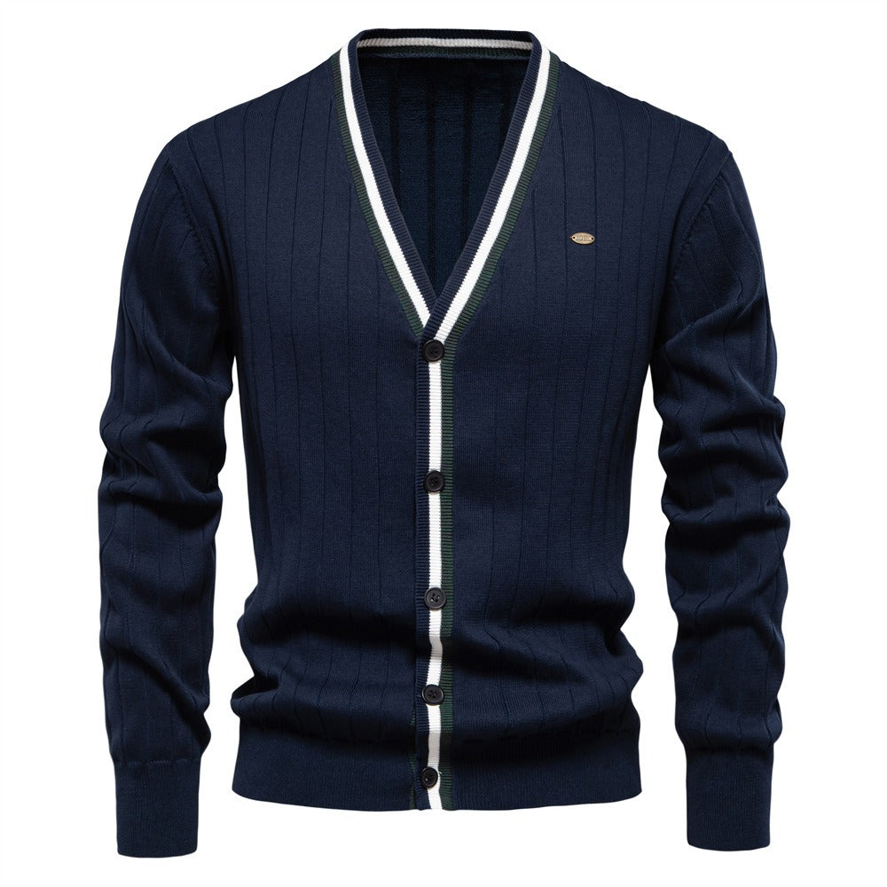 Herren-Strickjacke mit V-Ausschnitt und Farbbesatz – Lässiger, locker sitzender Pullover mit Knöpfen für den Herbst | SW199