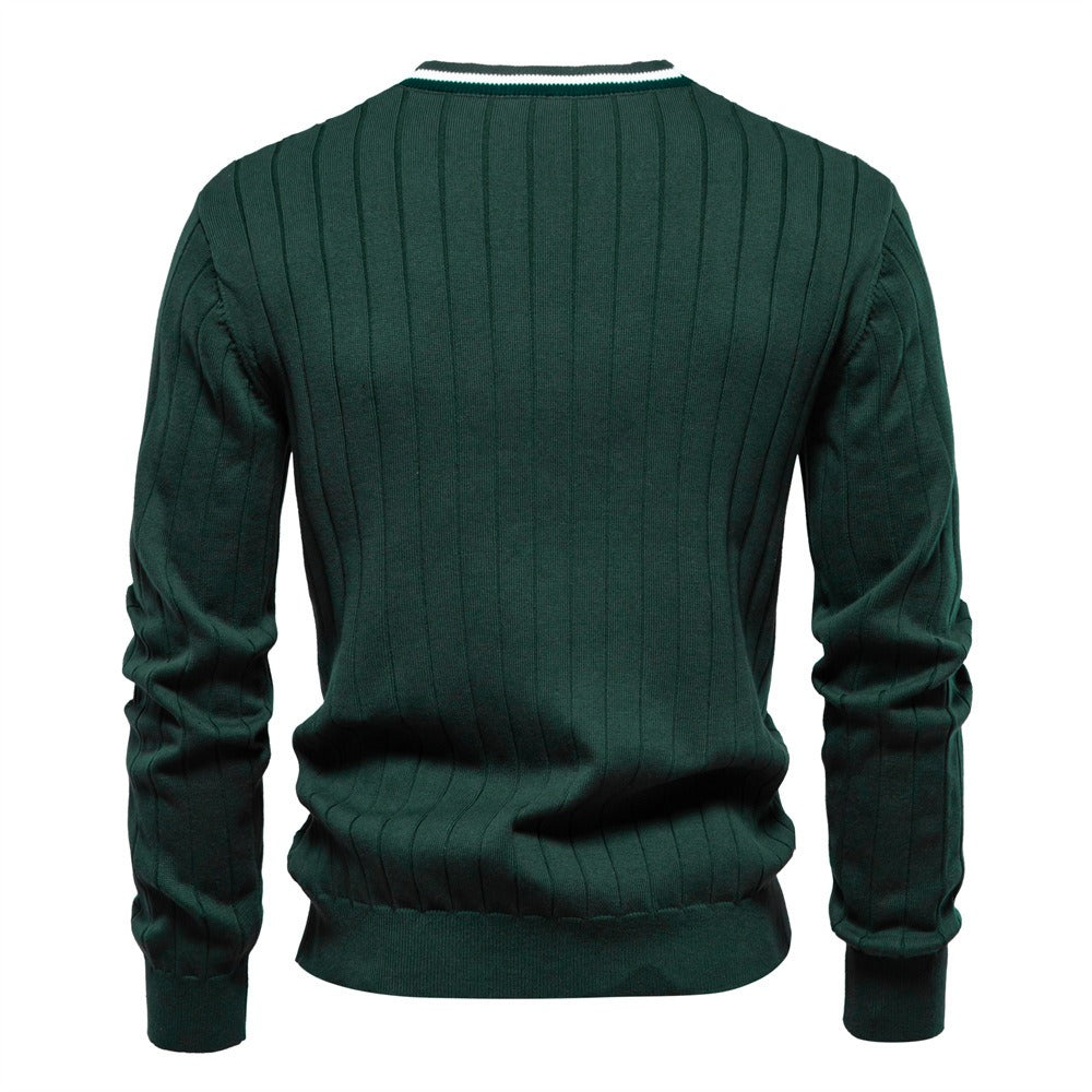 Herren-Strickjacke mit V-Ausschnitt und Farbbesatz – Lässiger, locker sitzender Pullover mit Knöpfen für den Herbst | SW199