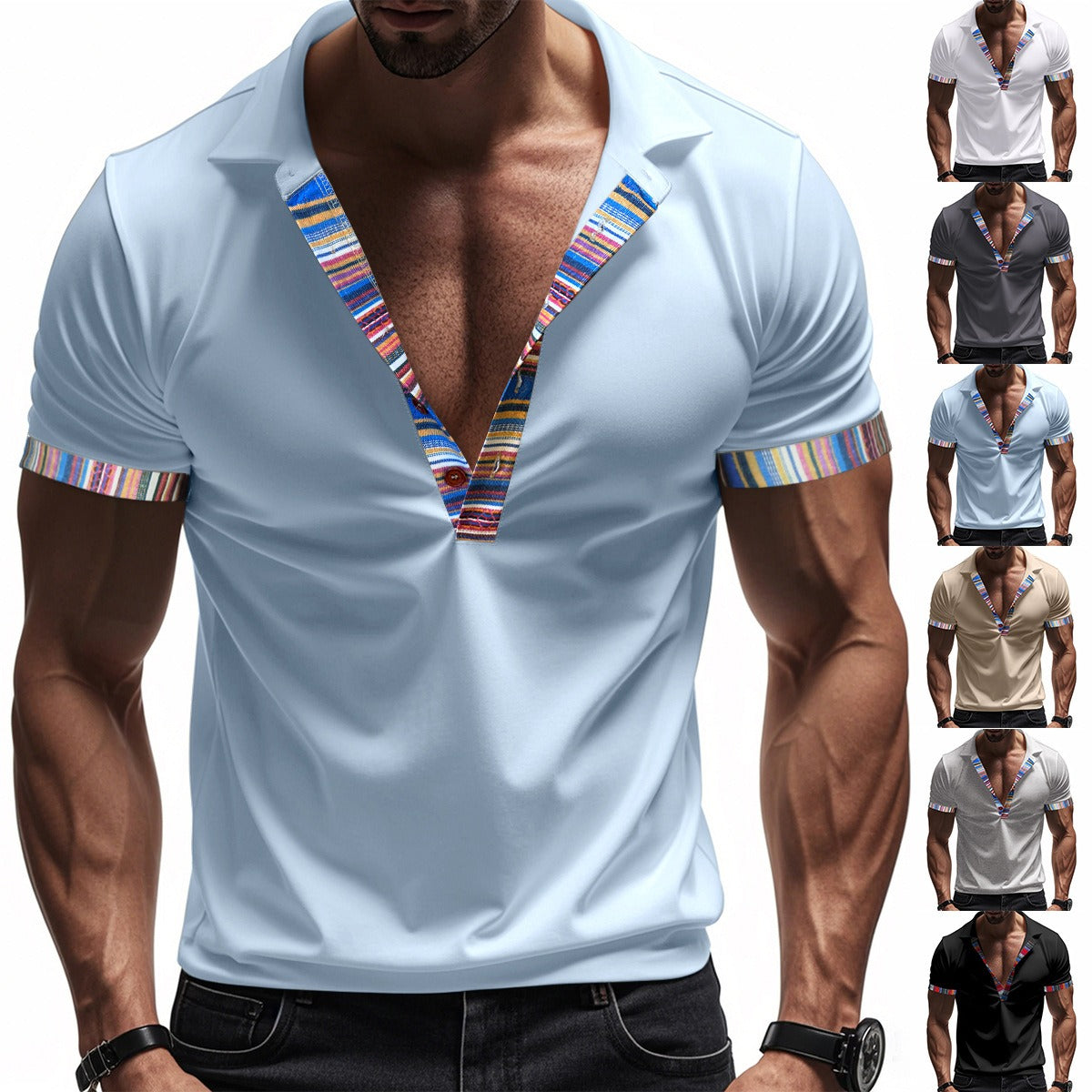 Herren American Summer Casual Atmungsaktives Poloshirt Boho Color-Block Slim-Fit Kurzarm-Oberteil | YH-5