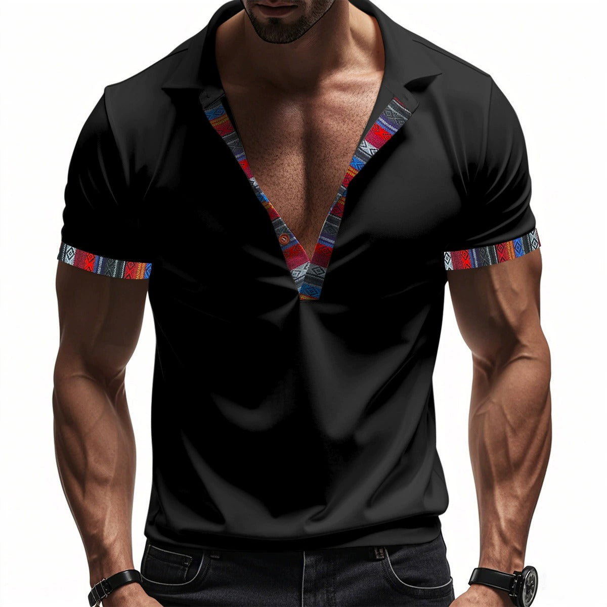 Herren American Summer Casual Atmungsaktives Poloshirt Boho Color-Block Slim-Fit Kurzarm-Oberteil | YH-5
