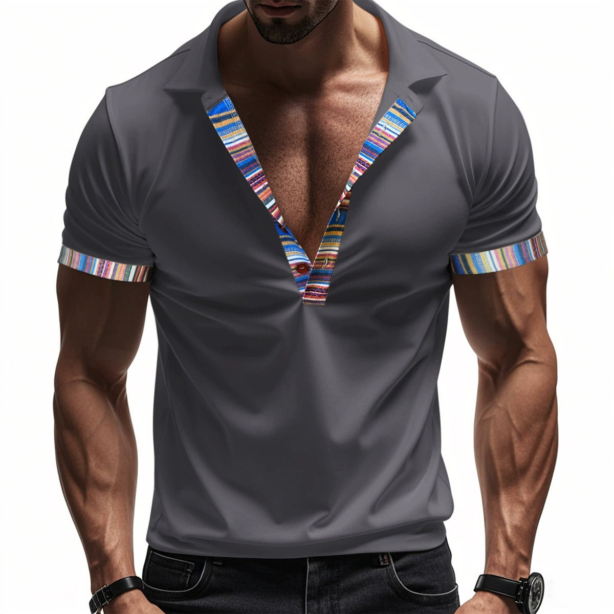 Herren American Summer Casual Atmungsaktives Poloshirt Boho Color-Block Slim-Fit Kurzarm-Oberteil | YH-5
