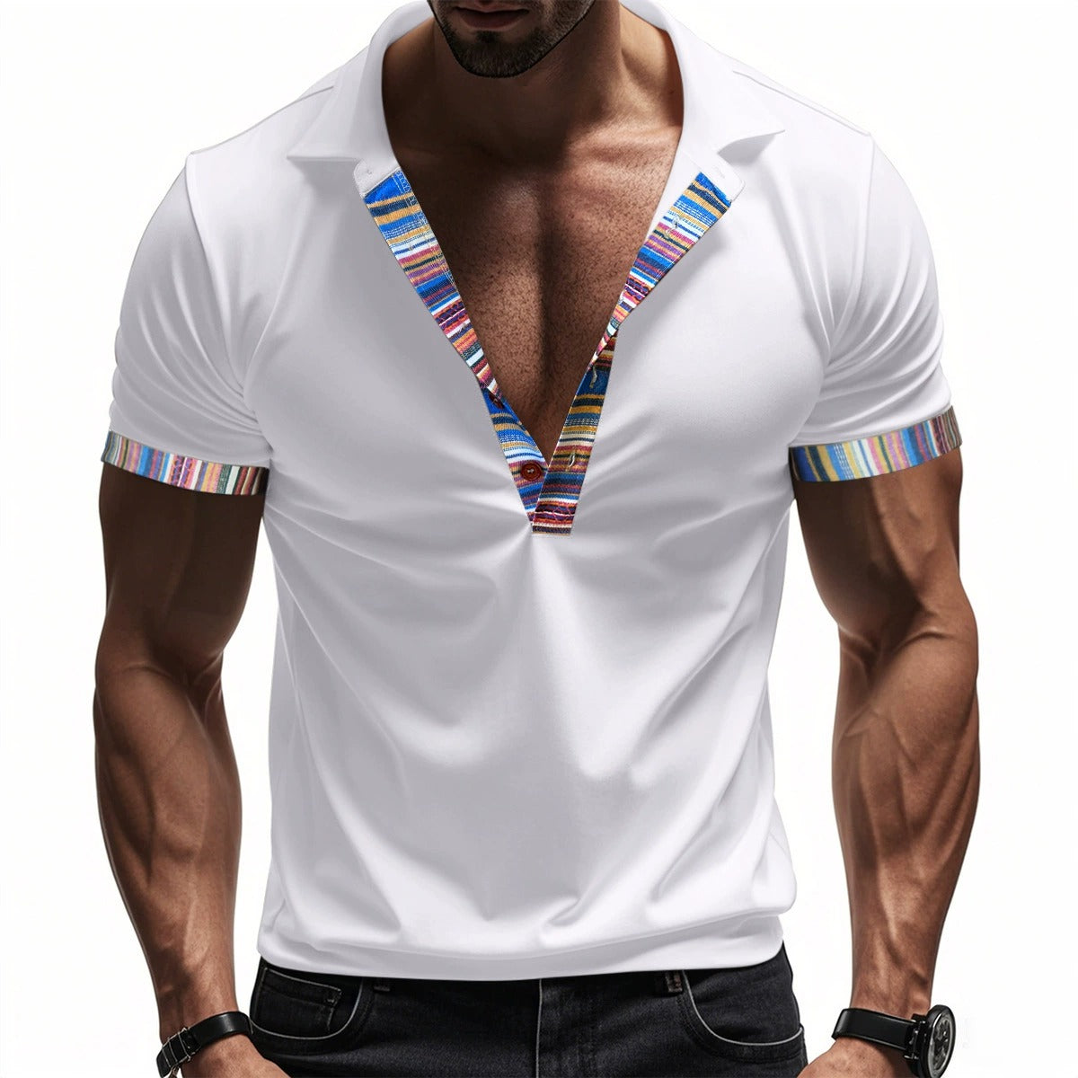 Herren American Summer Casual Atmungsaktives Poloshirt Boho Color-Block Slim-Fit Kurzarm-Oberteil | YH-5