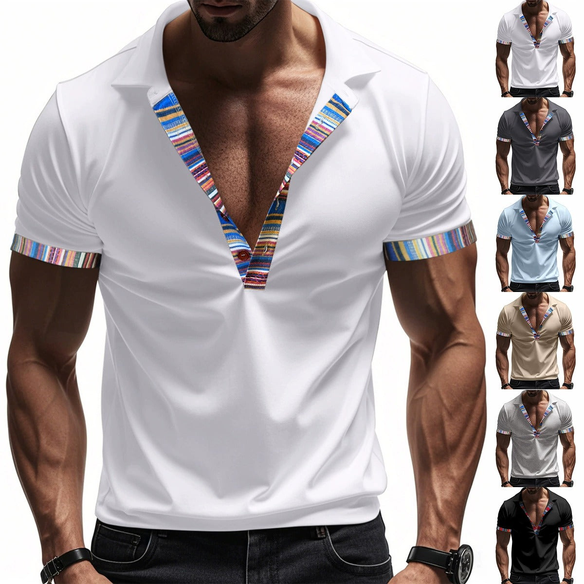 Herren American Summer Casual Atmungsaktives Poloshirt Boho Color-Block Slim-Fit Kurzarm-Oberteil | YH-5