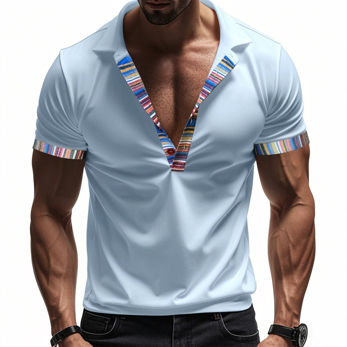 Herren American Summer Casual Atmungsaktives Poloshirt Boho Color-Block Slim-Fit Kurzarm-Oberteil | YH-5