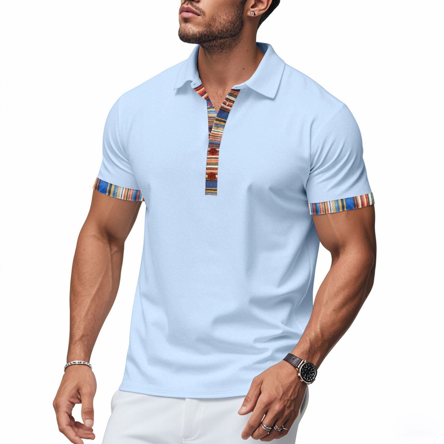 Herren American Summer Casual Atmungsaktives Poloshirt Boho Color-Block Slim-Fit Kurzarm-Oberteil | YH-5