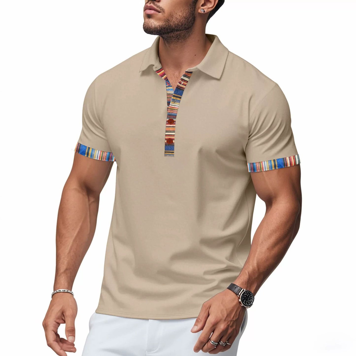 Herren American Summer Casual Atmungsaktives Poloshirt Boho Color-Block Slim-Fit Kurzarm-Oberteil | YH-5