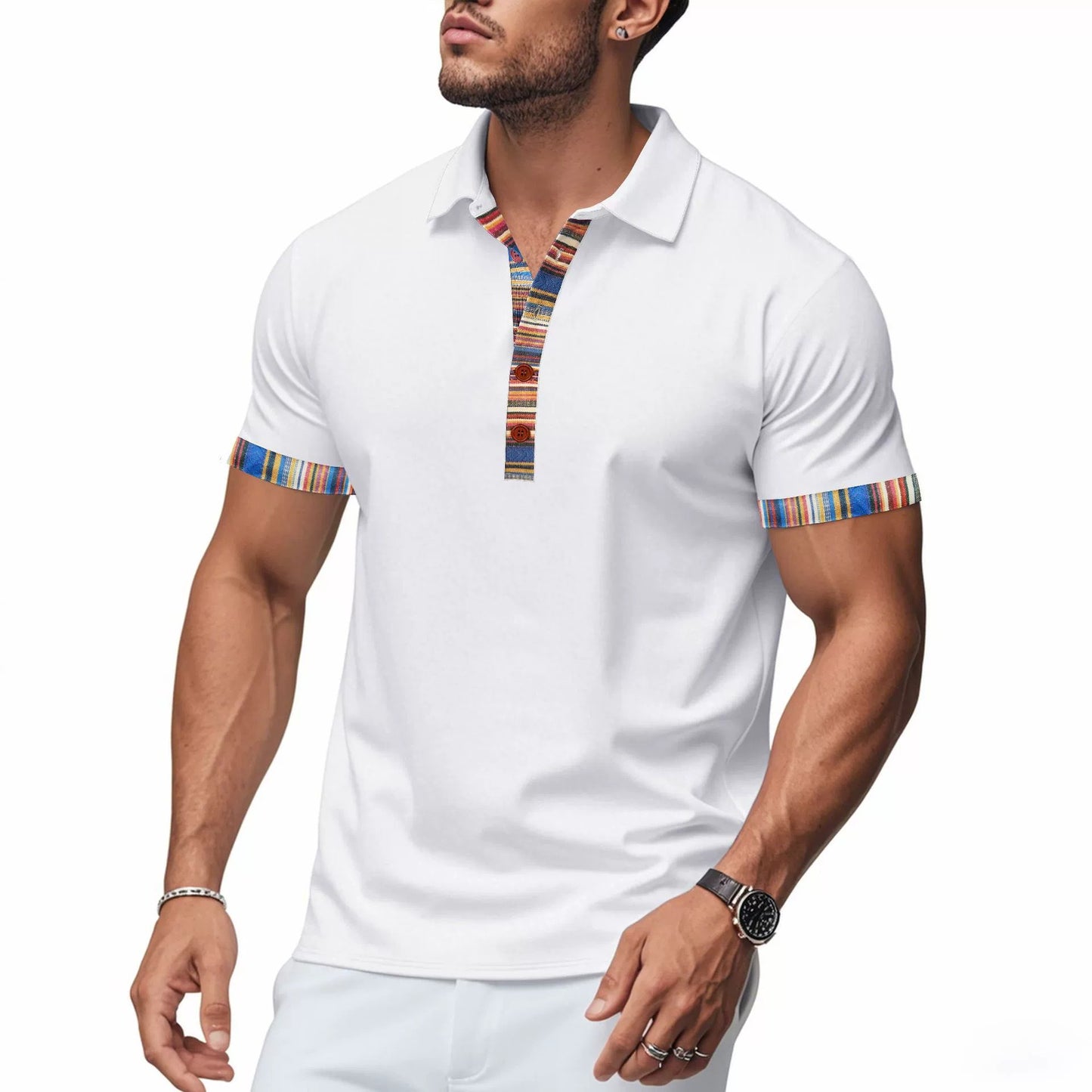 Herren American Summer Casual Atmungsaktives Poloshirt Boho Color-Block Slim-Fit Kurzarm-Oberteil | YH-5