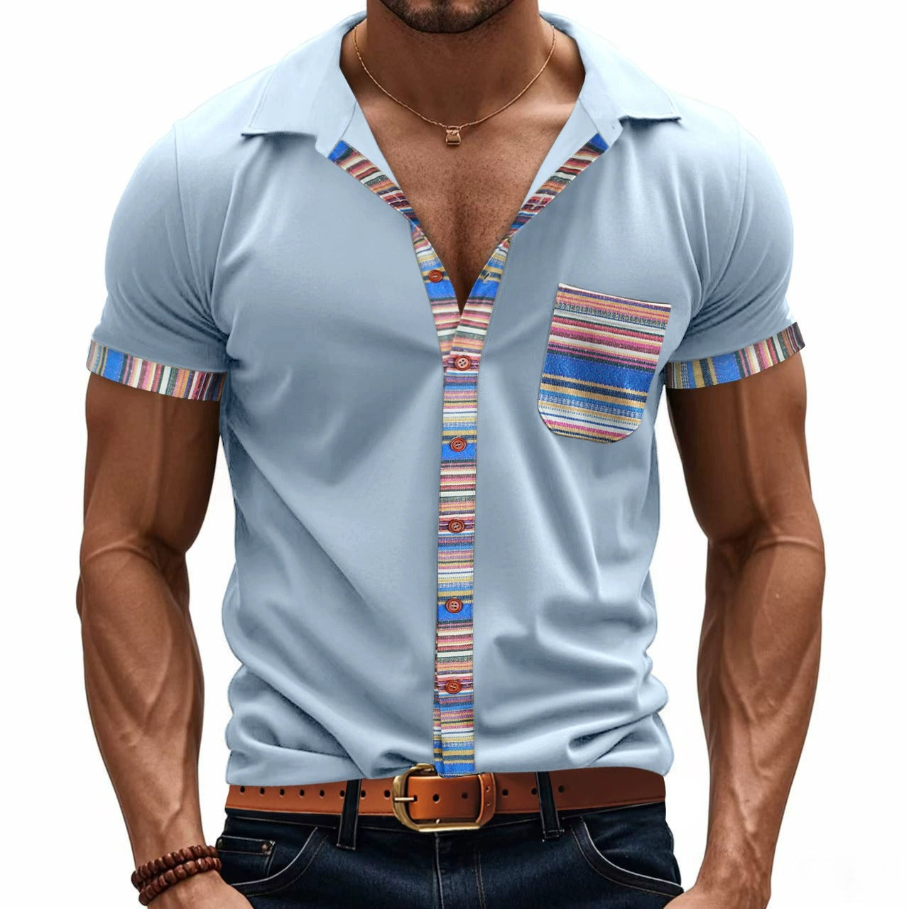 Herren Sommer Slim-Fit Bohemian Kontrastärmel Hemd - Leichtes Luxus Casual Kurzarm Top | YH-6