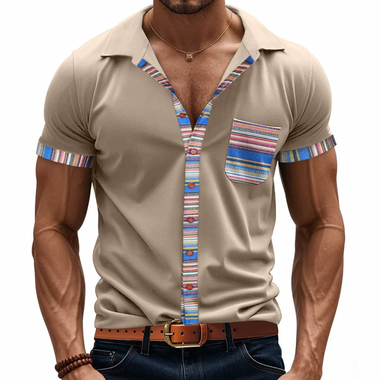 Herren Sommer Slim-Fit Bohemian Kontrastärmel Hemd - Leichtes Luxus Casual Kurzarm Top | YH-6
