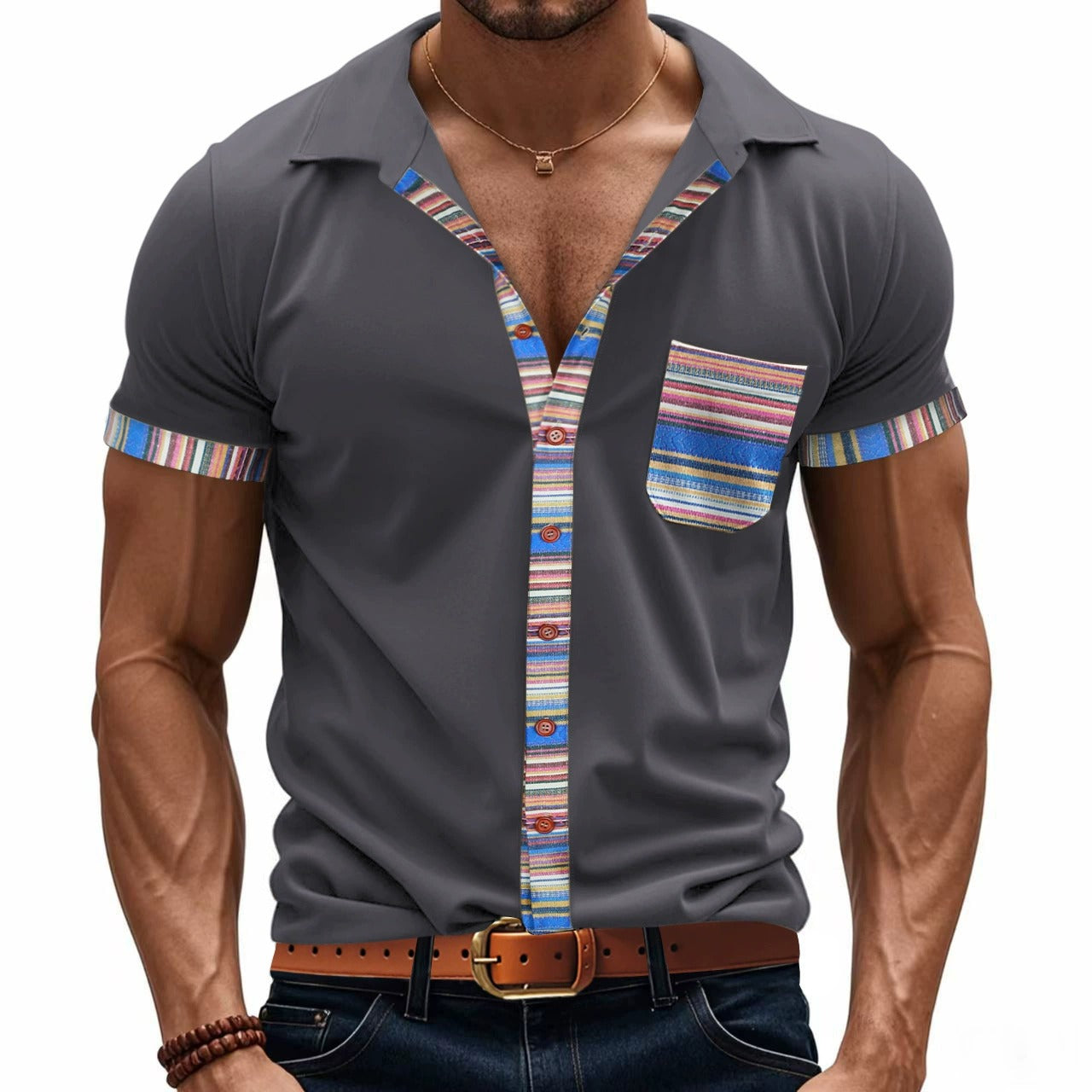 Herren Sommer Slim-Fit Bohemian Kontrastärmel Hemd - Leichtes Luxus Casual Kurzarm Top | YH-6