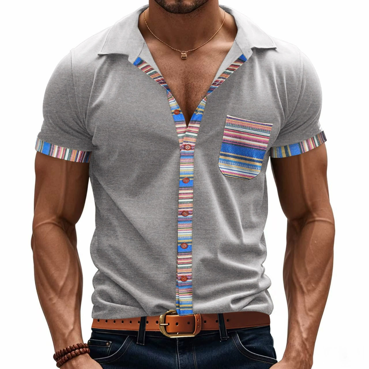 Herren Sommer Slim-Fit Bohemian Kontrastärmel Hemd - Leichtes Luxus Casual Kurzarm Top | YH-6