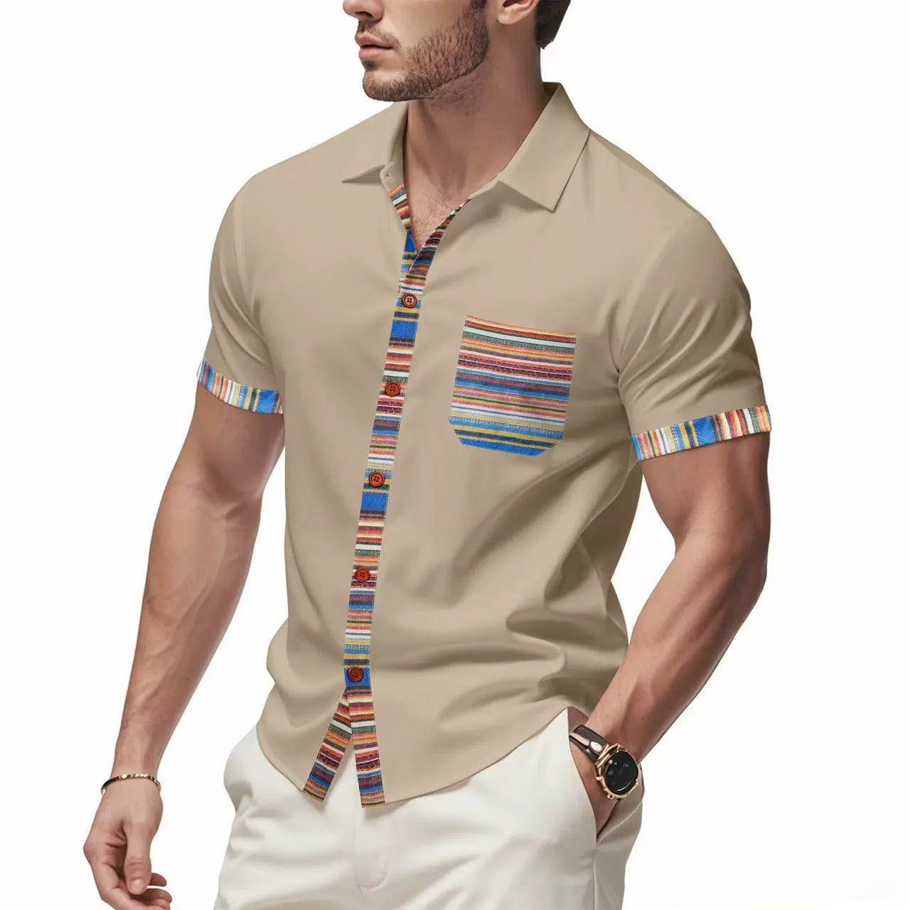 Herren Sommer Slim-Fit Bohemian Kontrastärmel Hemd - Leichtes Luxus Casual Kurzarm Top | YH-6