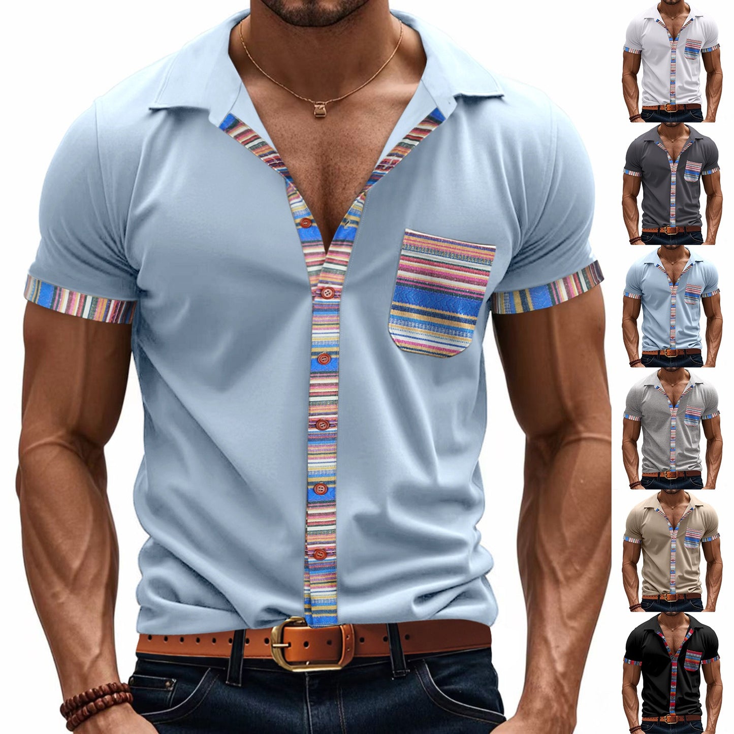 Herren Sommer Slim-Fit Bohemian Kontrastärmel Hemd - Leichtes Luxus Casual Kurzarm Top | YH-6