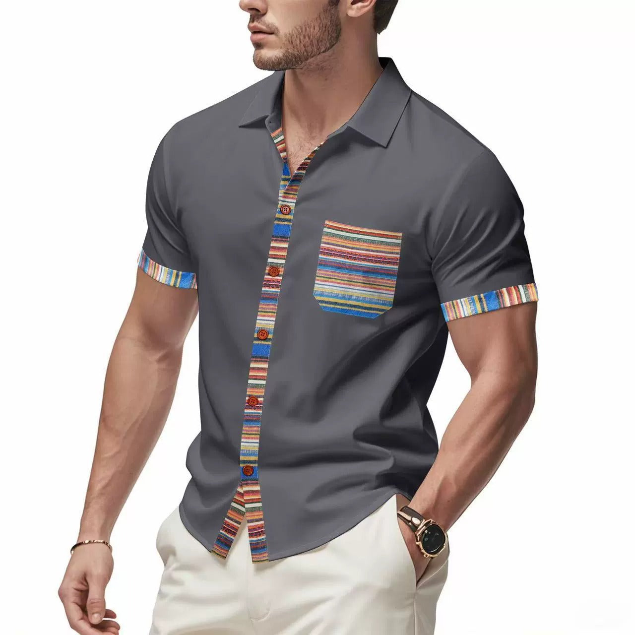 Herren Sommer Slim-Fit Bohemian Kontrastärmel Hemd - Leichtes Luxus Casual Kurzarm Top | YH-6