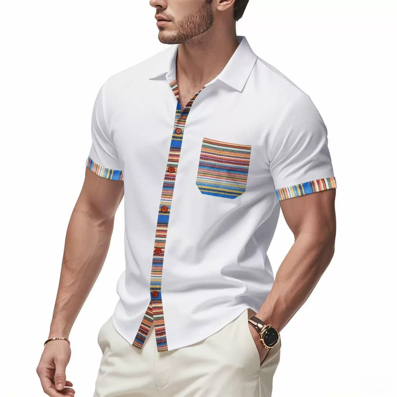 Herren Sommer Slim-Fit Bohemian Kontrastärmel Hemd - Leichtes Luxus Casual Kurzarm Top | YH-6