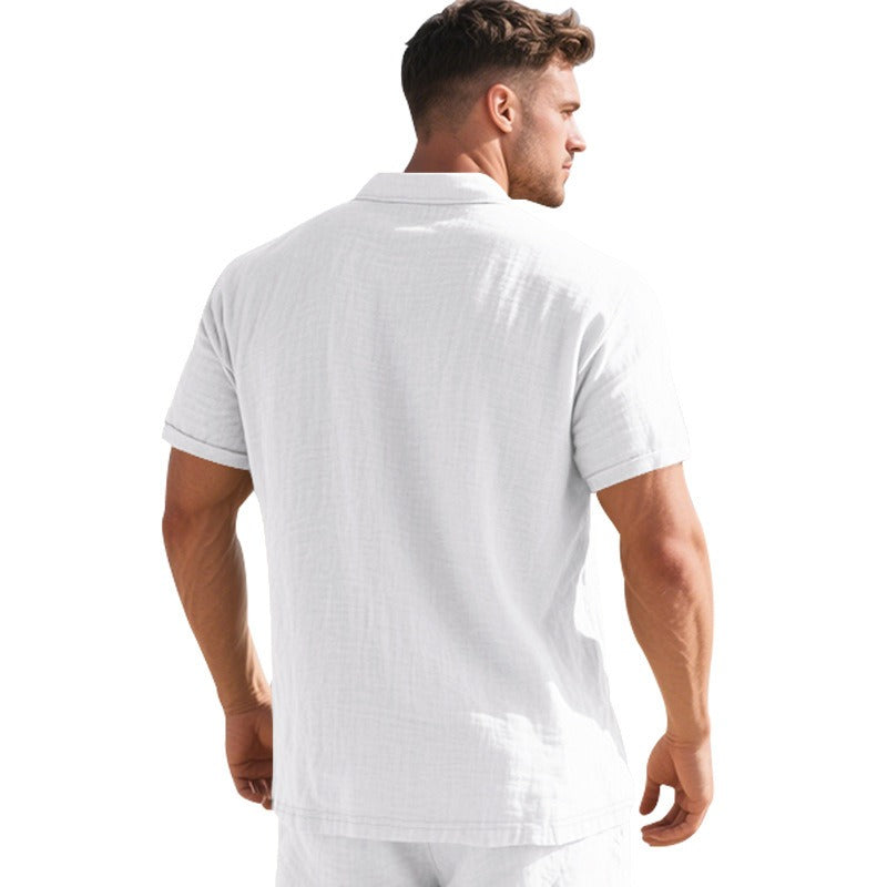 Herren-Poloshirt aus Leinen im britischen Gentleman-Stil, lockere Passform, Sommer, kurze Ärmel | YHBKCS-20