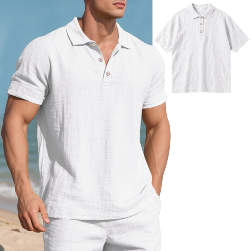 Herren-Poloshirt aus Leinen im britischen Gentleman-Stil, lockere Passform, Sommer, kurze Ärmel | YHBKCS-20