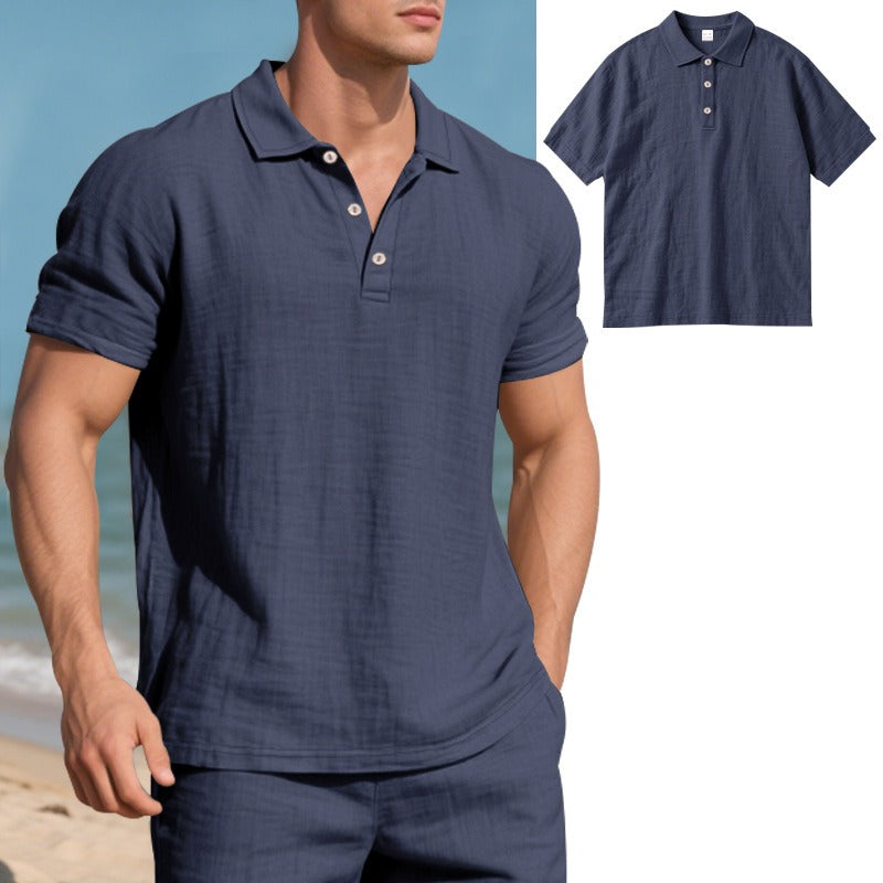 Herren-Poloshirt aus Leinen im britischen Gentleman-Stil, lockere Passform, Sommer, kurze Ärmel | YHBKCS-20