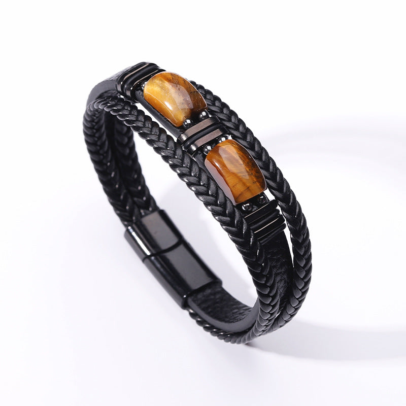 Herrenarmband aus Tigerauge-Stein, mehrlagiges Leder & Seil mit Magnetverschluss | YM-0096-A