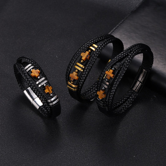 Herren Magnetisches Lederarmband Tigerauge Stein & Doppelkreuz Edelstahl | YM-0361