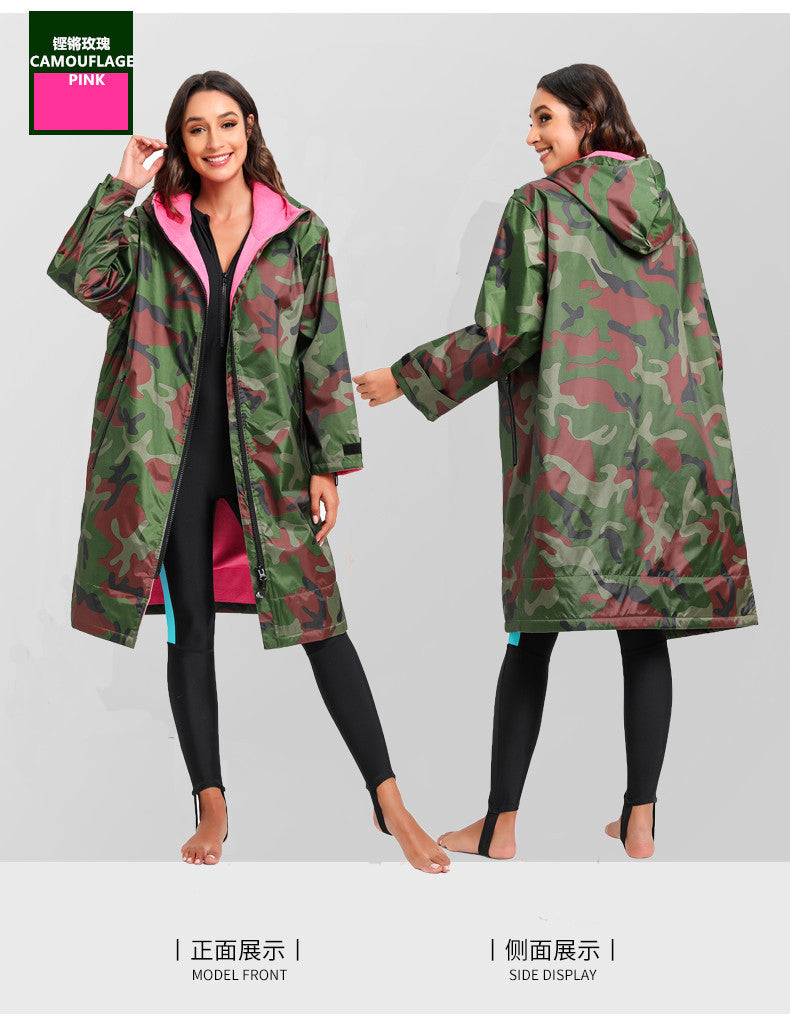 Unisex-Allwetter-Trockenmantel mit Kapuze und Camouflage-Muster – Wasserdichter, winddichter Schwimmparka mit Handtuchfutter | BCM022