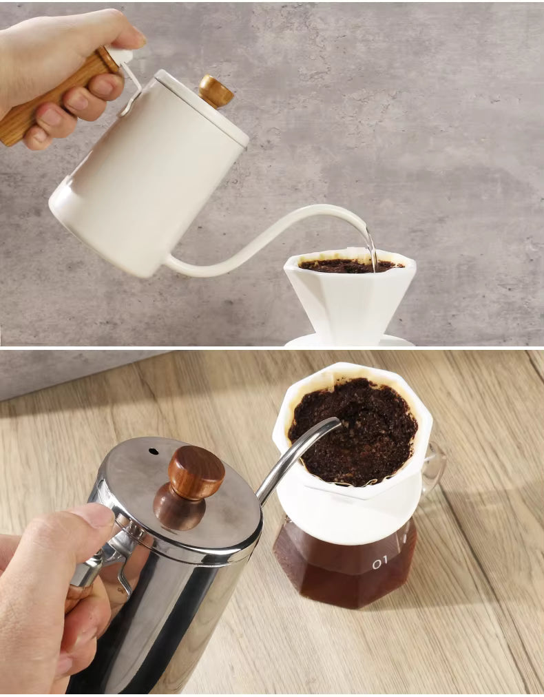 Pour Over Kaffeekessel – 600 ml Edelstahl-Handtropfkessel mit Holzgriff UK | NB-ZT2020
