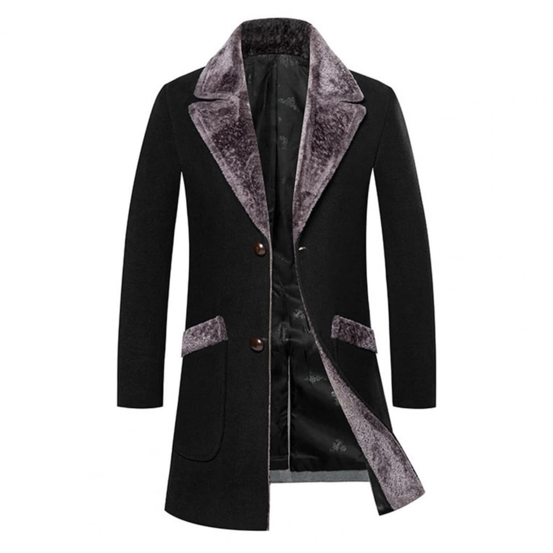 Herren-Trenchcoat mit Pelzkragen, langer Revers, Winterjacke aus Wollmischung, einreihiger Mantel | 224-8919