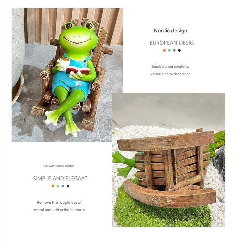 Lesender Frosch auf Schaukelstuhl, lustige Schreibtischdekoration aus Kunstharz und einzigartiges Geburtstagsgeschenk | RDW142