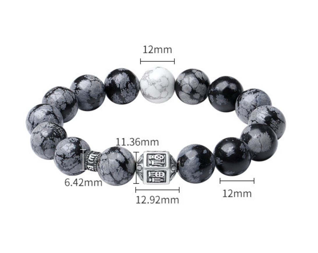 Herren-Segensarmband, handgefertigt, silbernes Schneeflocken-Obsidian-Mantra-Perlen-Armband | VB24383-3BBYS