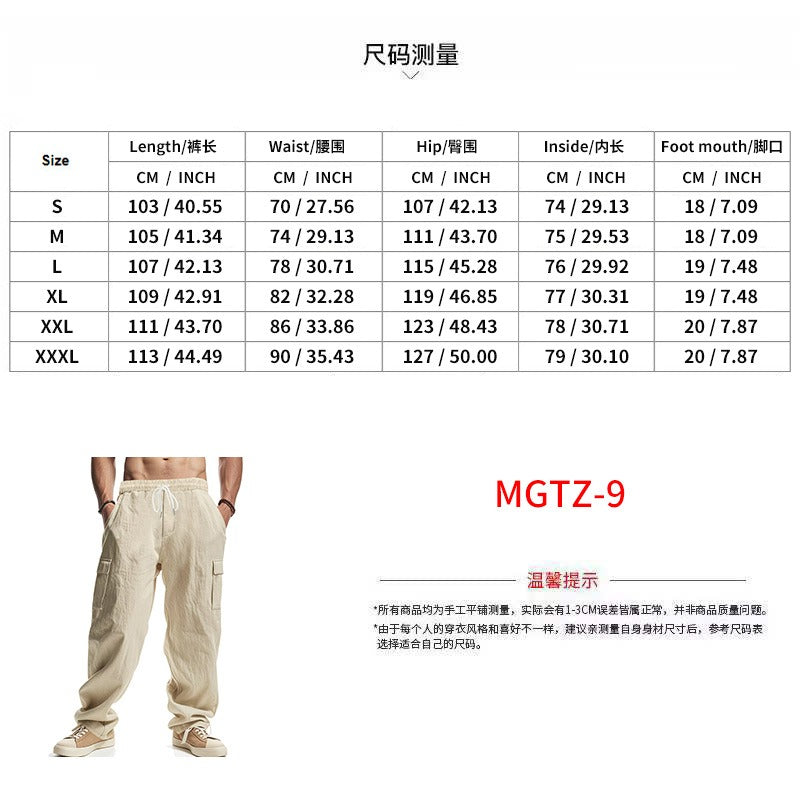 Herren-Cargohose aus leichtem Leinen für alle vier Jahreszeiten, atmungsaktiv, mit mehreren Taschen, lockere Hose mit weitem Bein | MTGZ-9