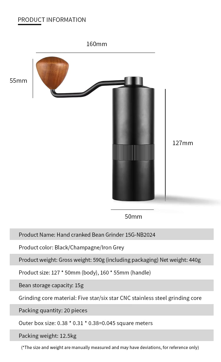 Premium-Kaffeemühle – 15 g tragbares Handkurbel-Kaffeemühlen-Geschenkset | 15G-NB2024