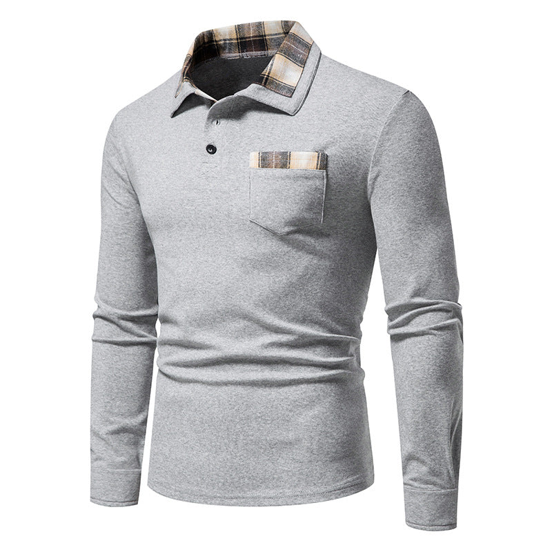 Lässiges Herren-Poloshirt mit Langarm und Karokragen und Taschen | D81