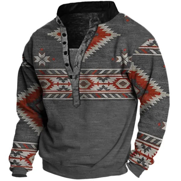 Herren-Sweatshirt mit Henley-Kragen und Knopfverschluss im Ethno-Print | YO1S