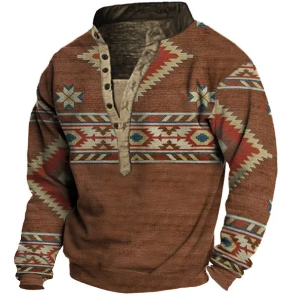 Herren-Sweatshirt mit Henley-Kragen und Knopfverschluss im Ethno-Print | YO1S