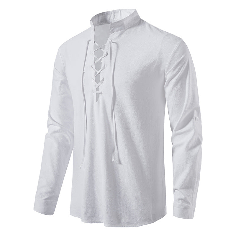 Herren V-Ausschnitt Kordelzug Baumwolle Leinen Henley Shirt Langarm Hippie Casual Beach T Shirts | A275