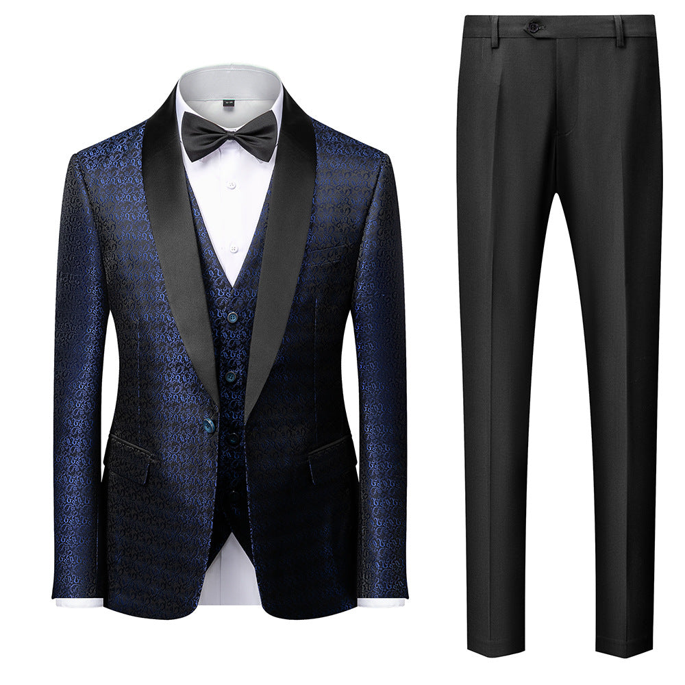Marineblauer Slim Fit Herrenanzug, eleganter Jacquard-Smoking, 3-teilig, 1953