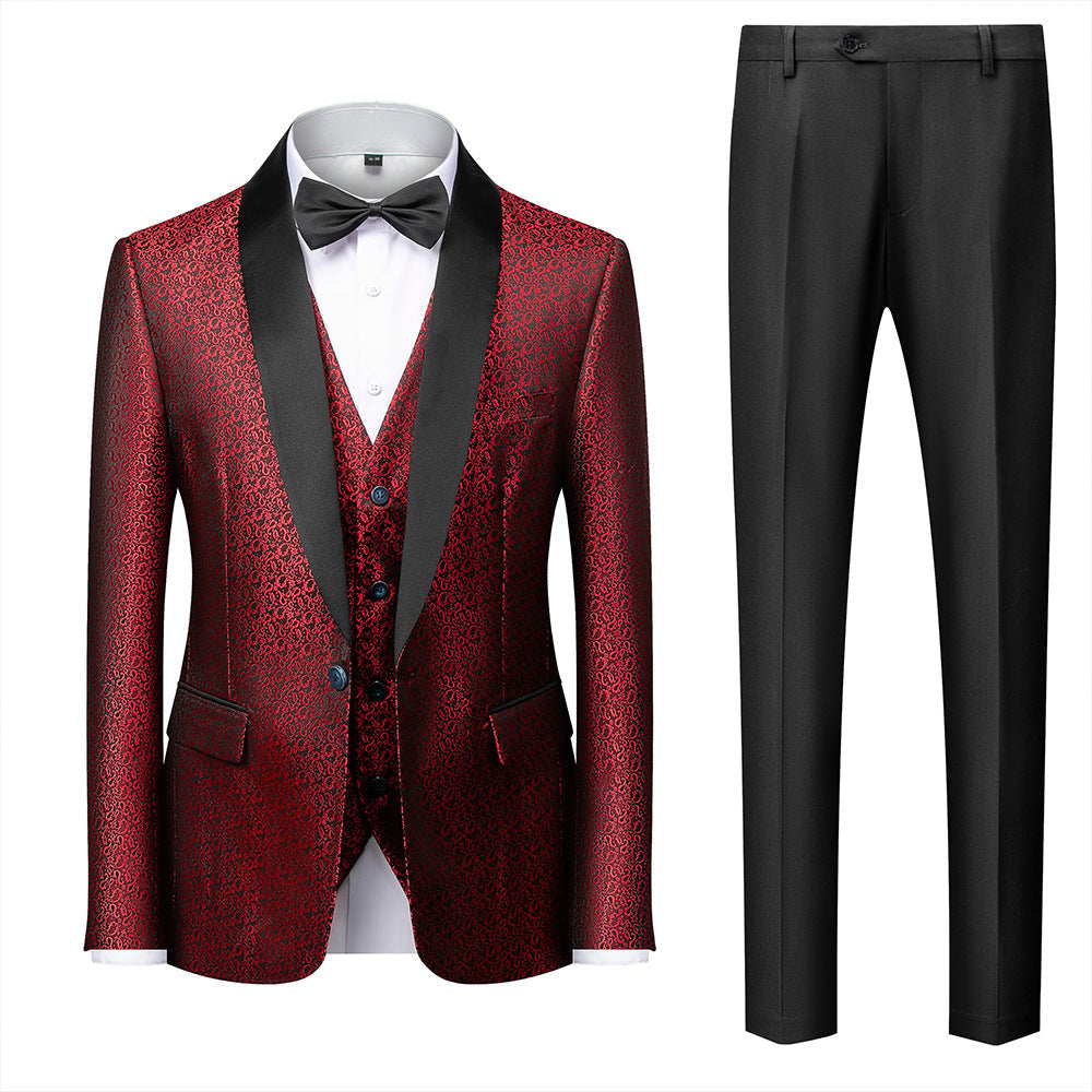 Desinger Herren-Smokinganzug, elegant, Jacquard, dreiteilig, Weinrot, 1953