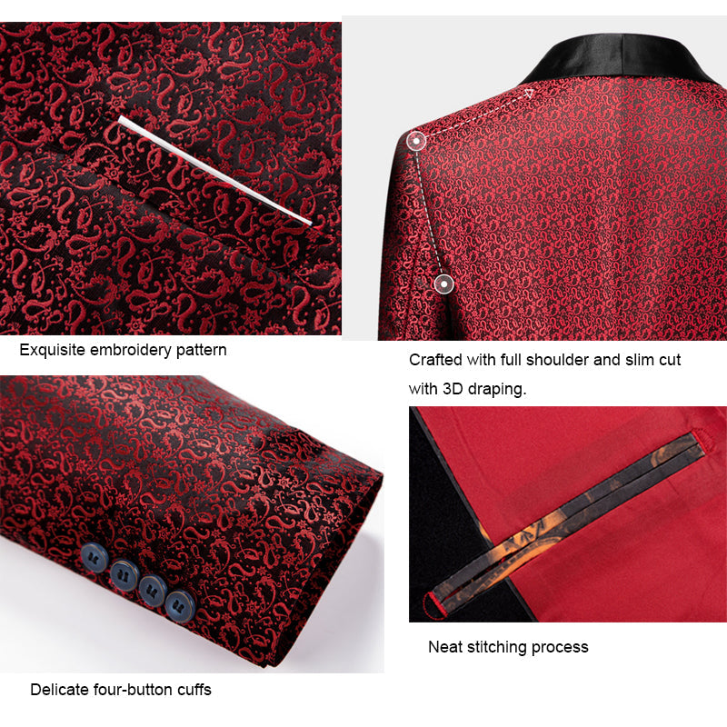 Desinger Herren-Smokinganzug, elegant, Jacquard, dreiteilig, Weinrot, 1953