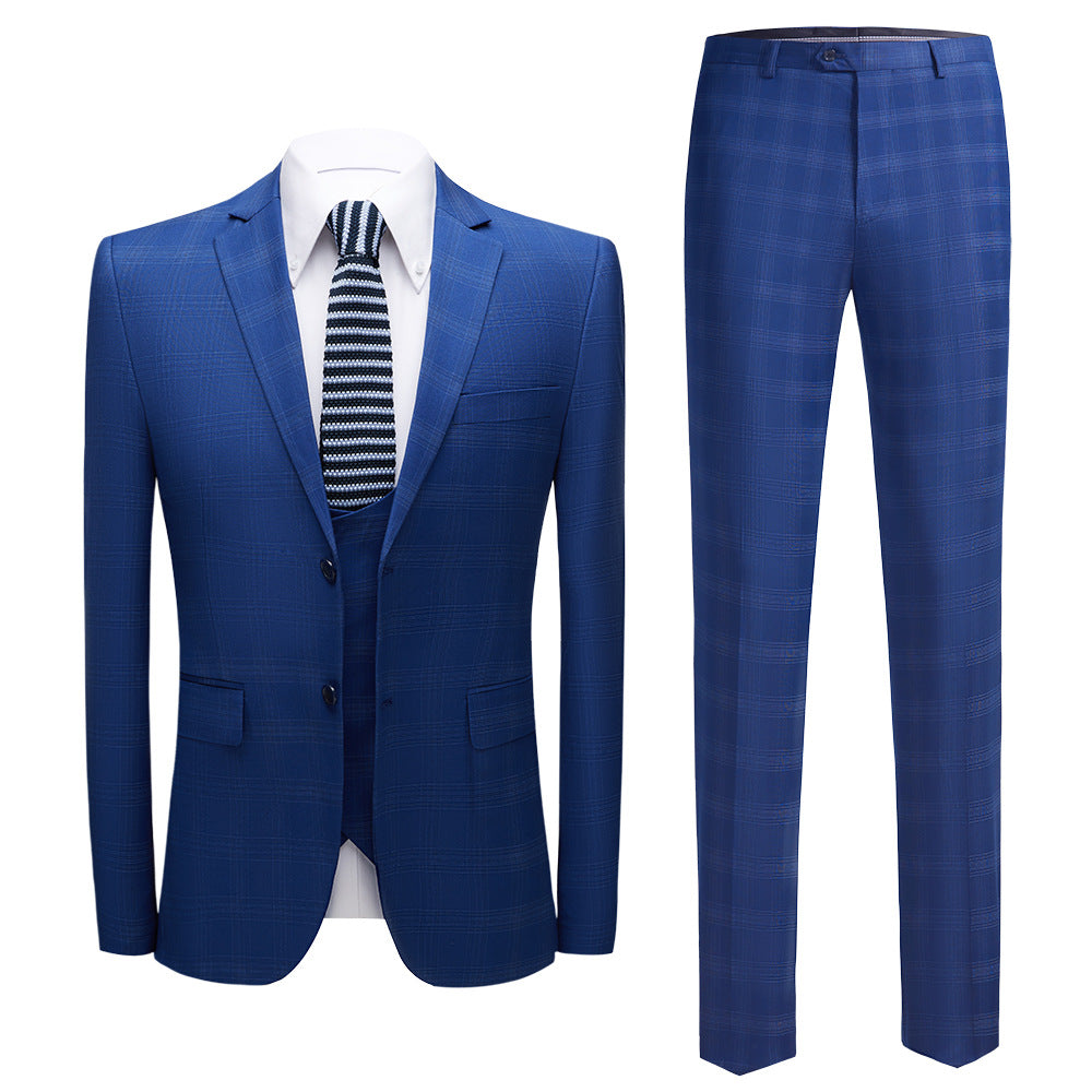 3-teiliger Herrenanzug Slim Fit, karierter Smoking, dunkelblau, Business-Hochzeitskleid, klassisches Herren-Anzug, Jacke, Hose, Weste | 9812-59