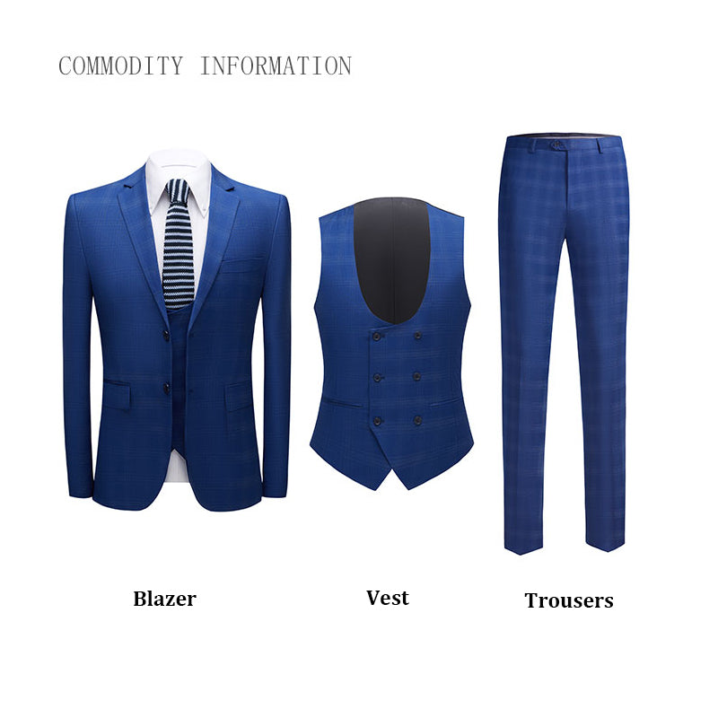 3-teiliger Herrenanzug Slim Fit, karierter Smoking, dunkelblau, Business-Hochzeitskleid, klassisches Herren-Anzug, Jacke, Hose, Weste | 9812-59