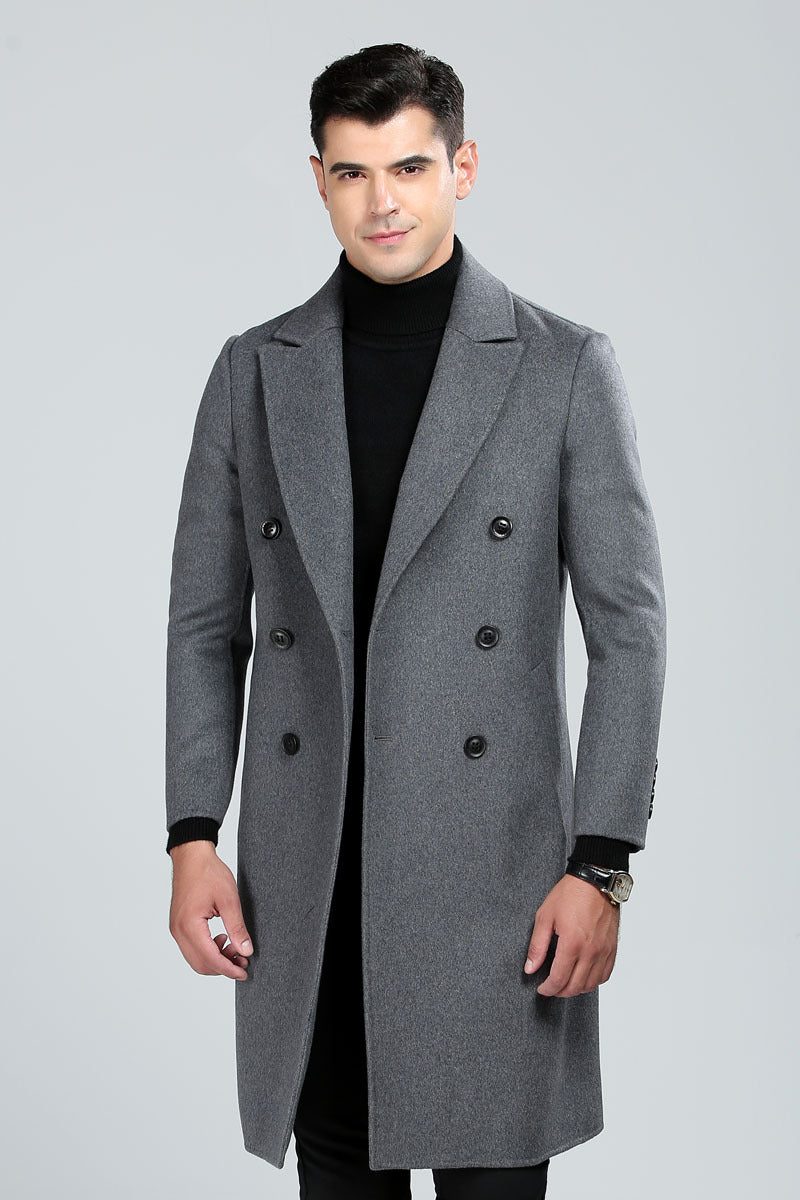 Hochwertiger, zweireihiger, langer Trenchcoat aus australischer Wollmischung für Herren | XZ338