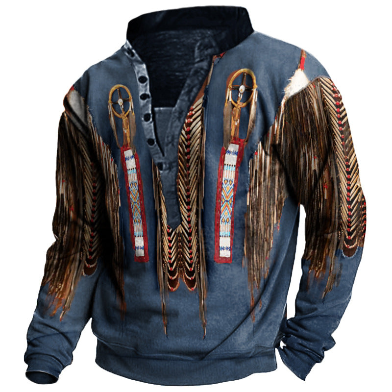 Herren-Sweatshirt mit 3D-Druck und Henley-Kragen und langen Ärmeln im American Culture-Stil | 1B8R