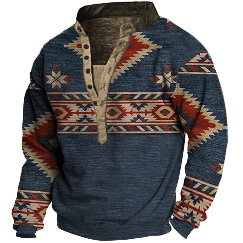 Herren-Sweatshirt mit Henley-Kragen und Knopfverschluss im Ethno-Print | YO1S