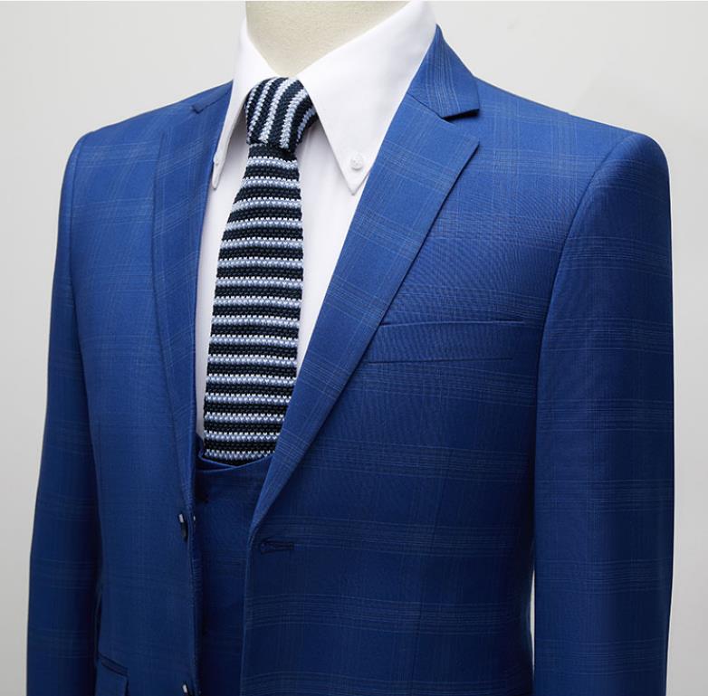 3-teiliger Herrenanzug Slim Fit, karierter Smoking, dunkelblau, Business-Hochzeitskleid, klassisches Herren-Anzug, Jacke, Hose, Weste | 9812-59