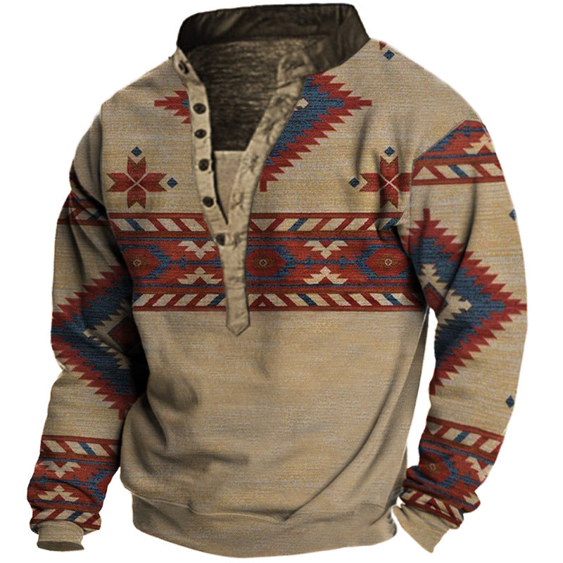 Herren-Sweatshirt mit Henley-Kragen und Knopfverschluss im Ethno-Print | YO1S