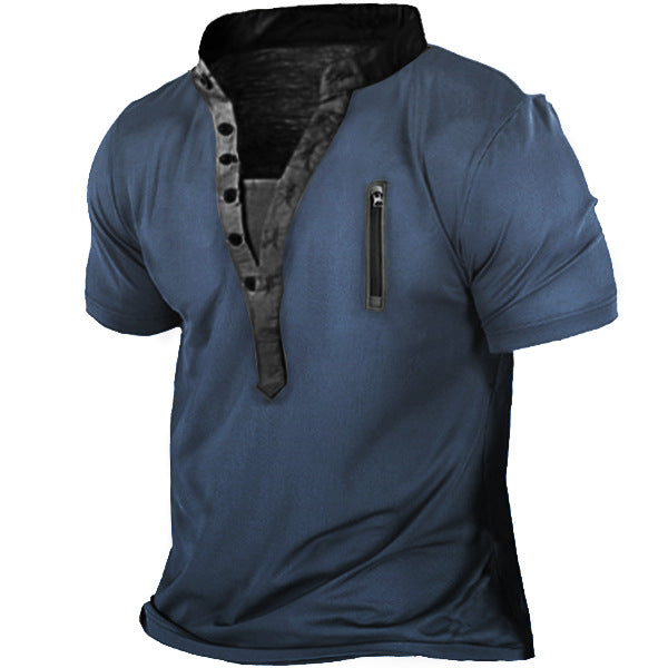 Herren Outdoor Zip Retro Print Tactical Henley Kurzarm T-Shirt | 18CR