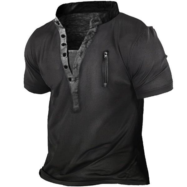Herren Outdoor Zip Retro Print Tactical Henley Kurzarm T-Shirt | 18CR