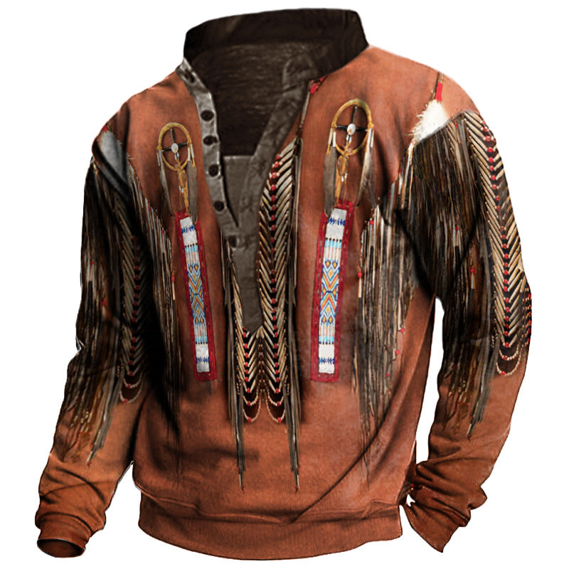 Herren-Sweatshirt mit 3D-Druck und Henley-Kragen und langen Ärmeln im American Culture-Stil | 1B8R